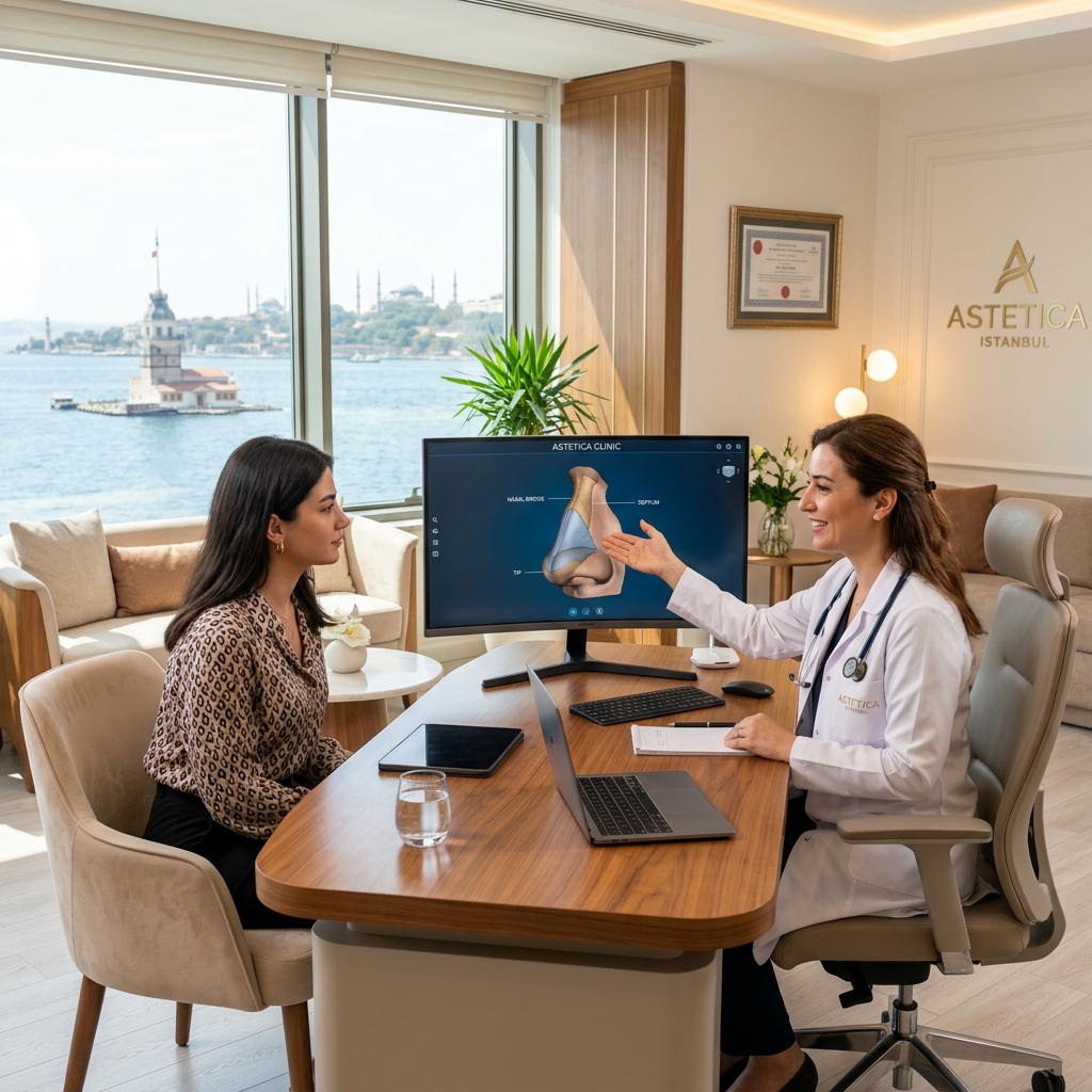 طبيبة تشرح التخطيط الرقمي لعملية تجميل الأنف لمريضتها في إسطنبول